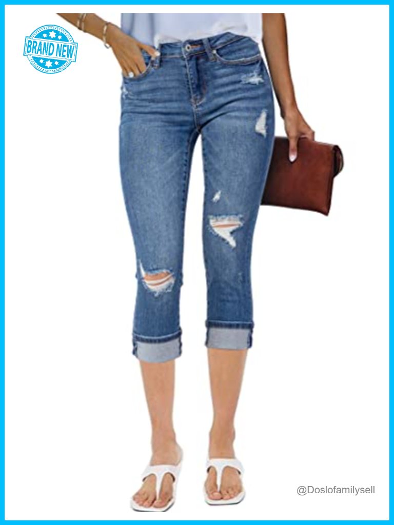 High Waisted Distressed Denim Capris Skinny Cropped Jeans Stretch